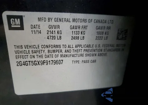 2015 Buick Regal Gs z USA, uszkodzony, nr VIN 2G4GT5GX9F9179607